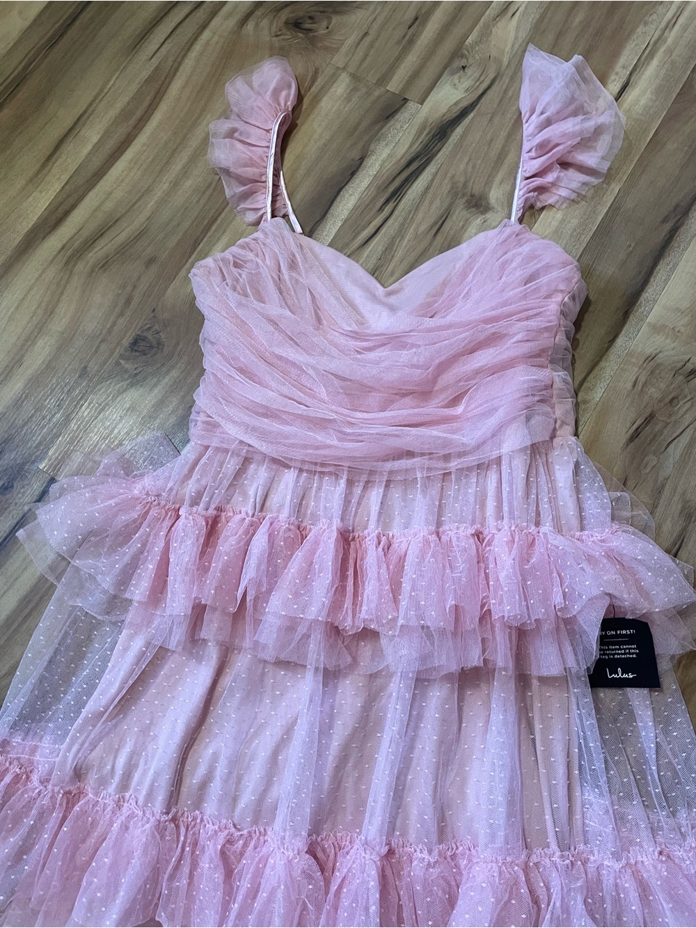 NWT Lulus Pure Radiance Pink Mesh Swiss Dot Tiered Maxi Dress Sz XL - Picture 5 of 11